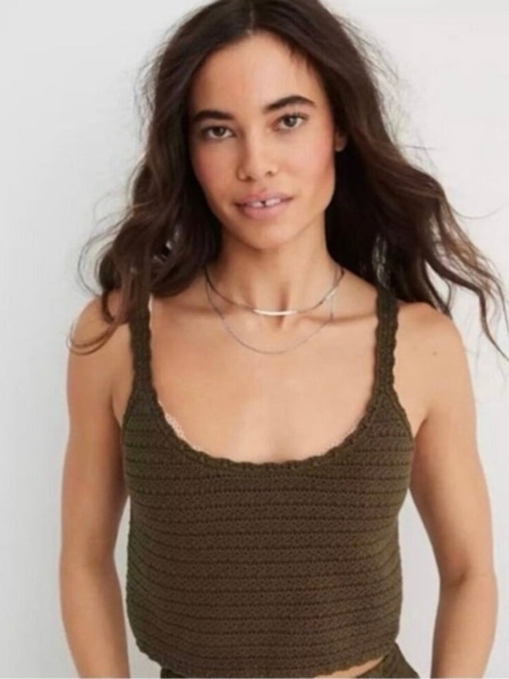 Aerie Summer Nights Crochet Tank Top Olive Green Cropped Small